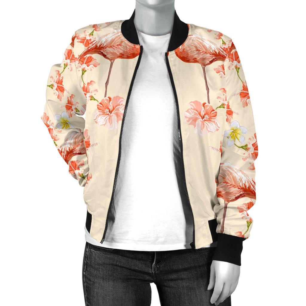Flamingo Hibiscus Print Pattern Women Casual Bomber Jacket