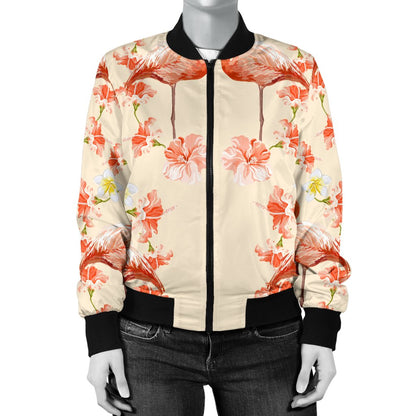 Flamingo Hibiscus Print Pattern Women Casual Bomber Jacket