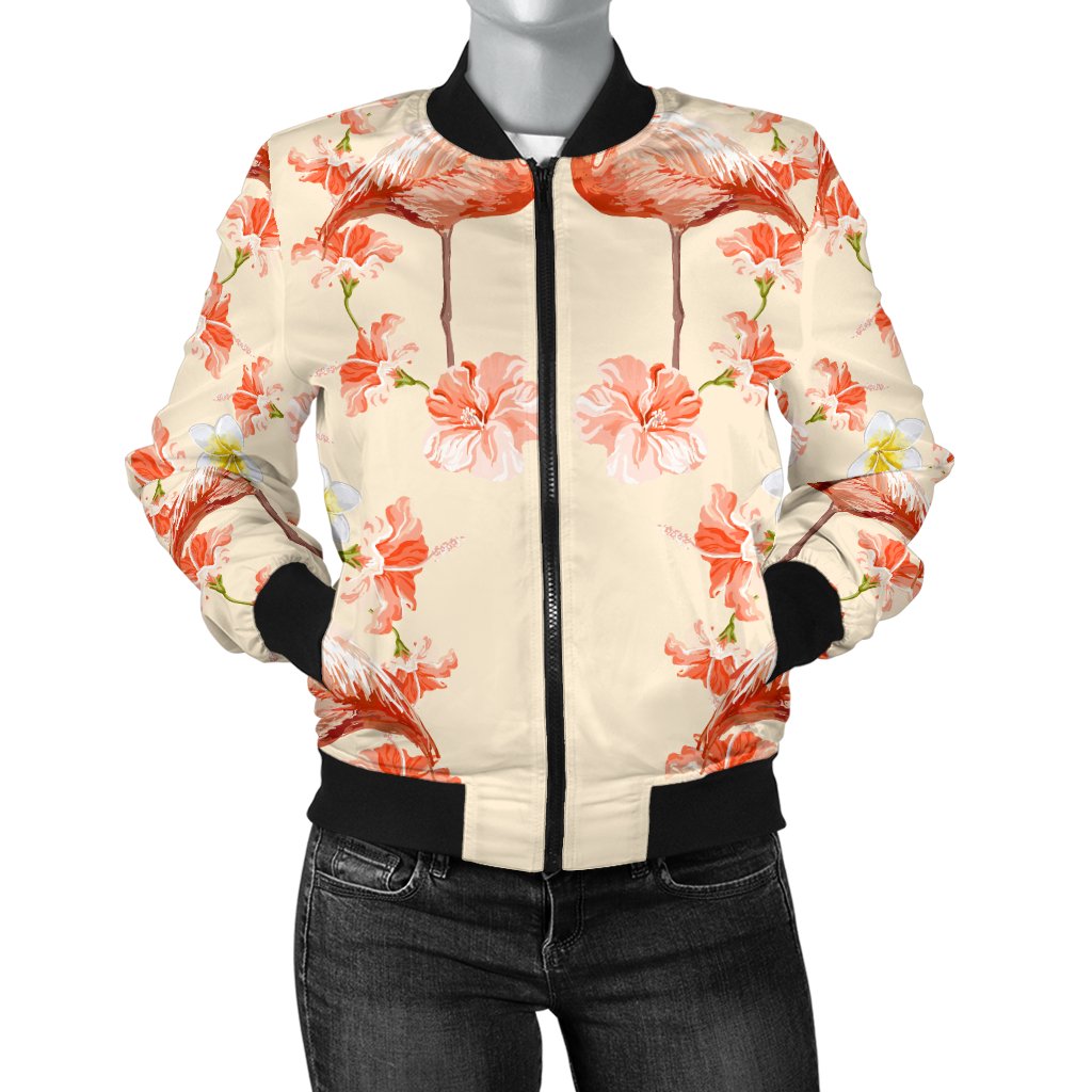 Flamingo Hibiscus Print Pattern Women Casual Bomber Jacket