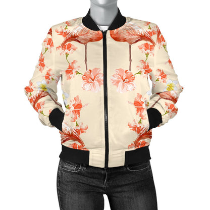 Flamingo Hibiscus Print Pattern Women Casual Bomber Jacket