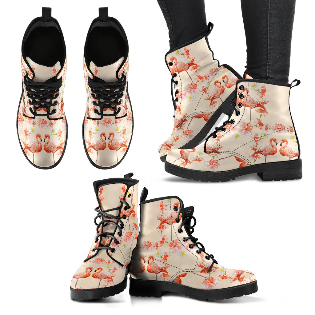 Flamingo Hibiscus Print Pattern Women Leather Boots-JTAMIGO.COM