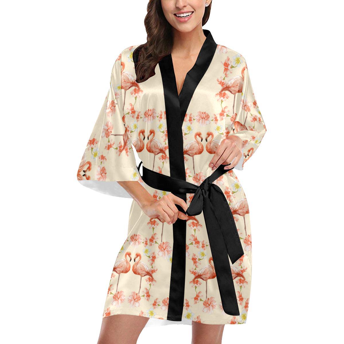 Flamingo Hibiscus Print Pattern Women Short Kimono Robe