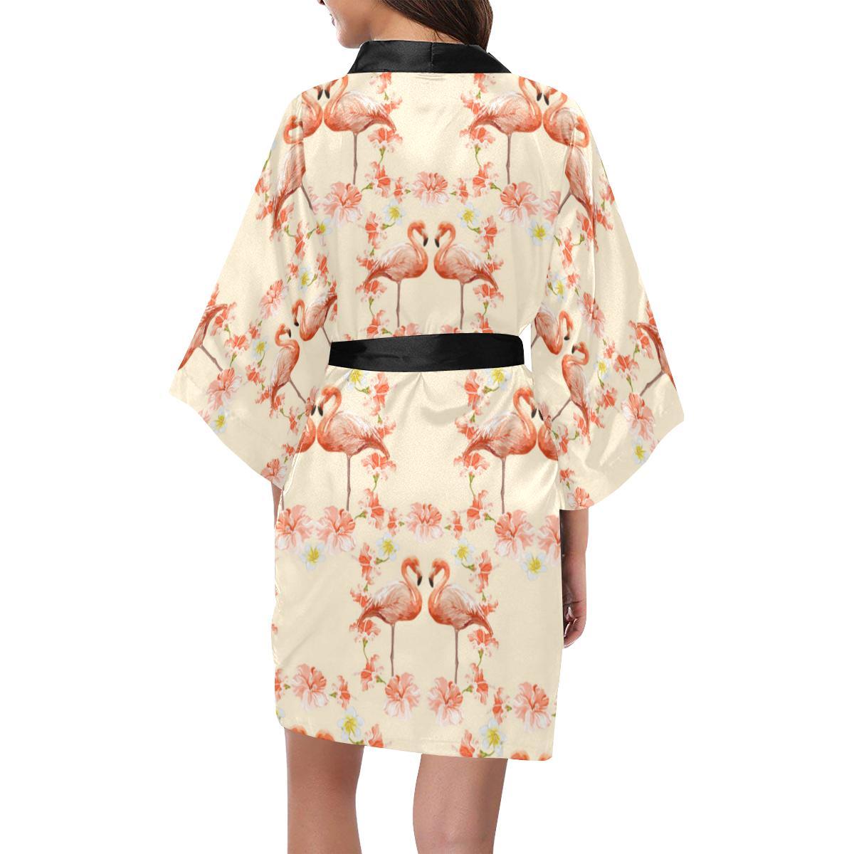 Flamingo Hibiscus Print Pattern Women Short Kimono Robe
