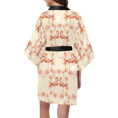 Flamingo Hibiscus Print Pattern Women Short Kimono Robe