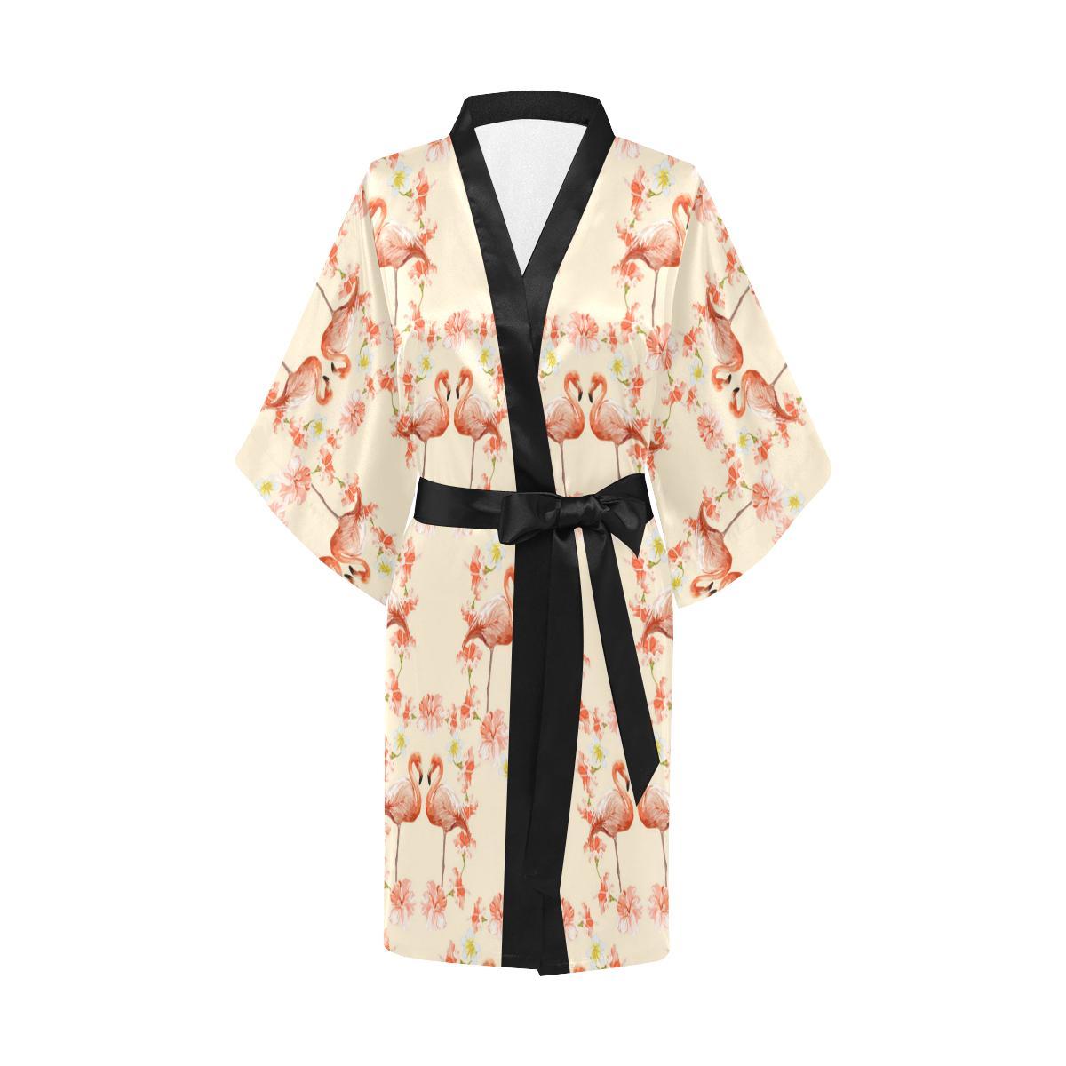 Flamingo Hibiscus Print Pattern Women Short Kimono Robe
