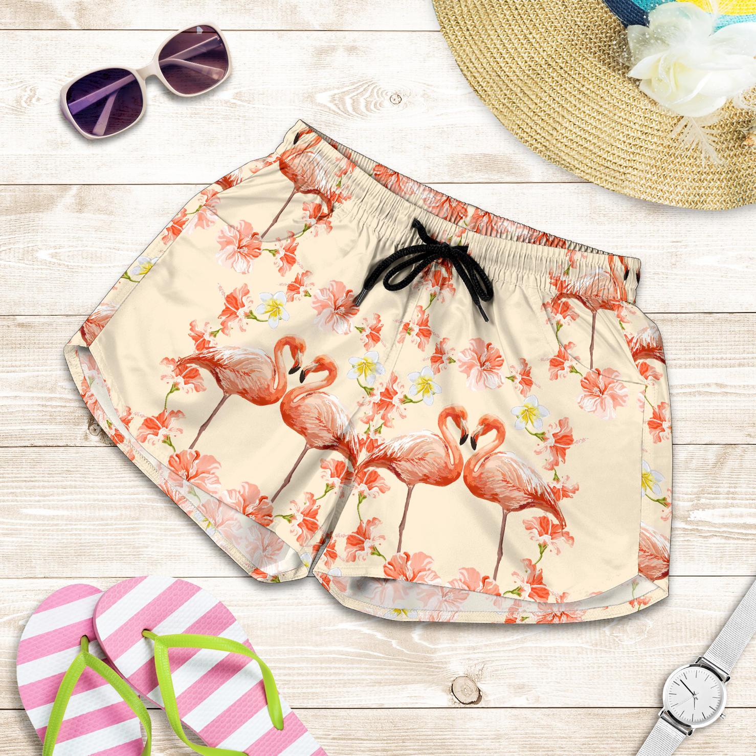 Flamingo Hibiscus Print Pattern Women Shorts-JTAMIGO.COM
