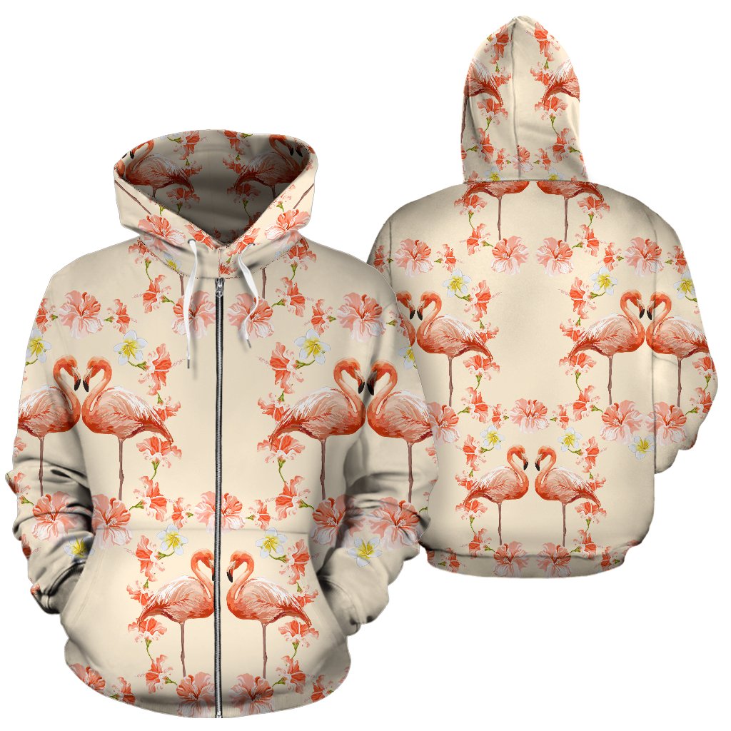 Flamingo Hibiscus Print Pattern Zip Up Hoodie