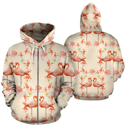 Flamingo Hibiscus Print Pattern Zip Up Hoodie