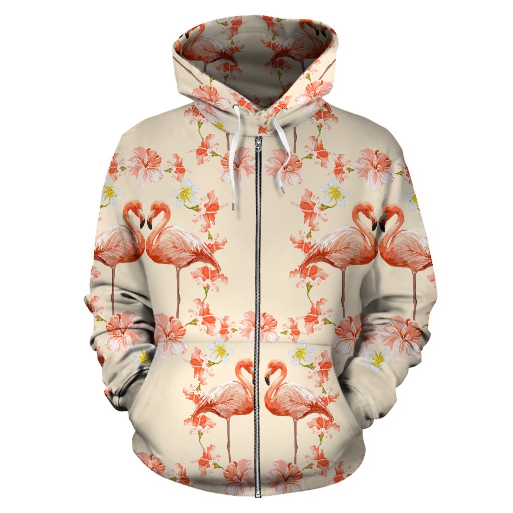Flamingo Hibiscus Print Pattern Zip Up Hoodie