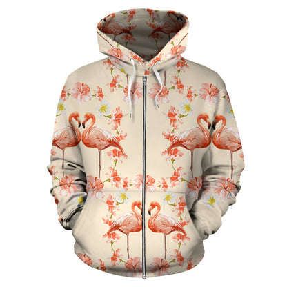 Flamingo Hibiscus Print Pattern Zip Up Hoodie