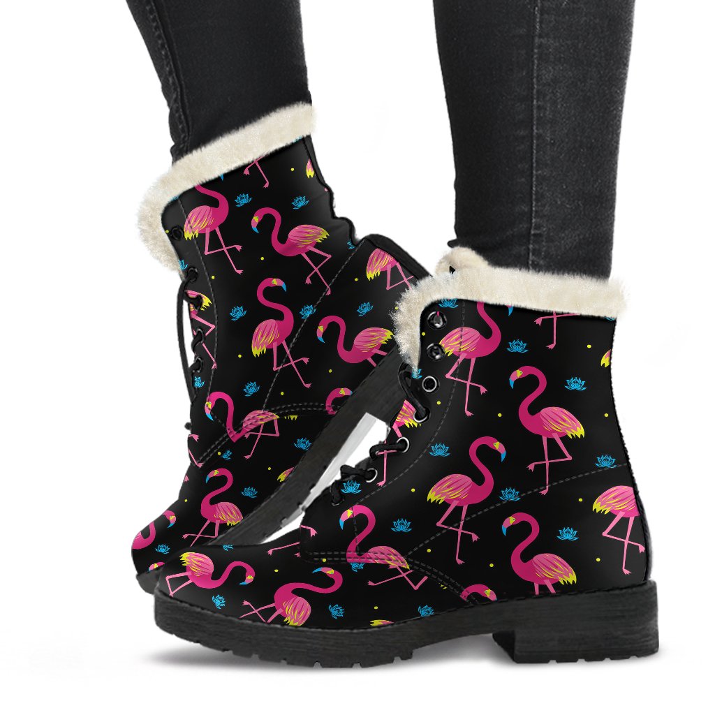 Flamingo Pink Neon Print Pattern Faux Fur Leather Boots-JTAMIGO.COM