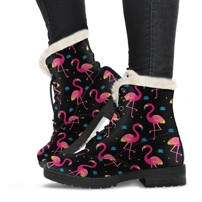 Flamingo Pink Neon Print Pattern Faux Fur Leather Boots-JTAMIGO.COM