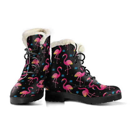 Flamingo Pink Neon Print Pattern Faux Fur Leather Boots-JTAMIGO.COM