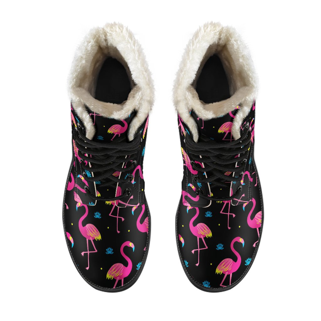 Flamingo Pink Neon Print Pattern Faux Fur Leather Boots-JTAMIGO.COM