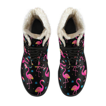 Flamingo Pink Neon Print Pattern Faux Fur Leather Boots-JTAMIGO.COM