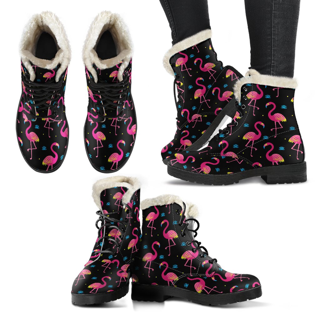 Flamingo Pink Neon Print Pattern Faux Fur Leather Boots-JTAMIGO.COM