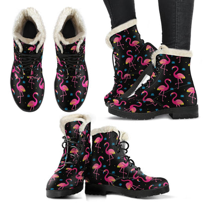 Flamingo Pink Neon Print Pattern Faux Fur Leather Boots-JTAMIGO.COM