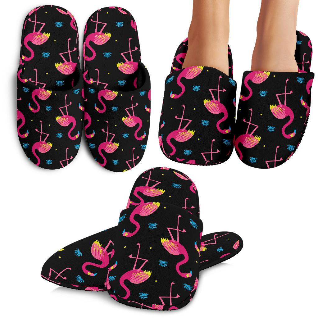 Flamingo Pink Neon Print Pattern House Slippers