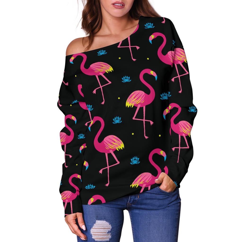 Flamingo Pink Neon Print Pattern Off Shoulder Sweatshirt