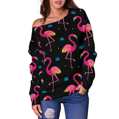 Flamingo Pink Neon Print Pattern Off Shoulder Sweatshirt