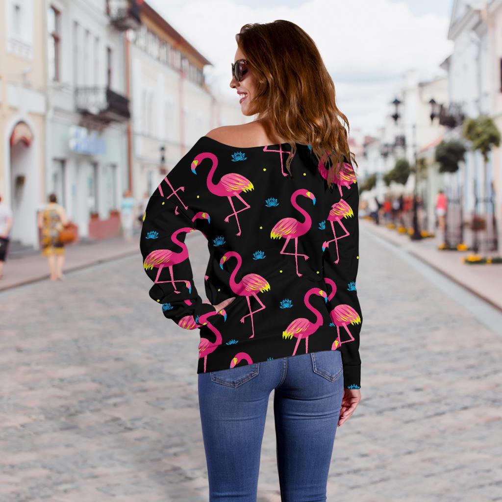 Flamingo Pink Neon Print Pattern Off Shoulder Sweatshirt