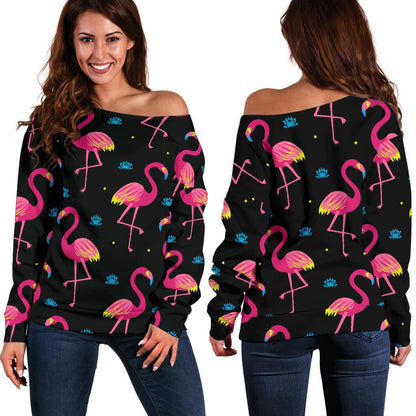 Flamingo Pink Neon Print Pattern Off Shoulder Sweatshirt
