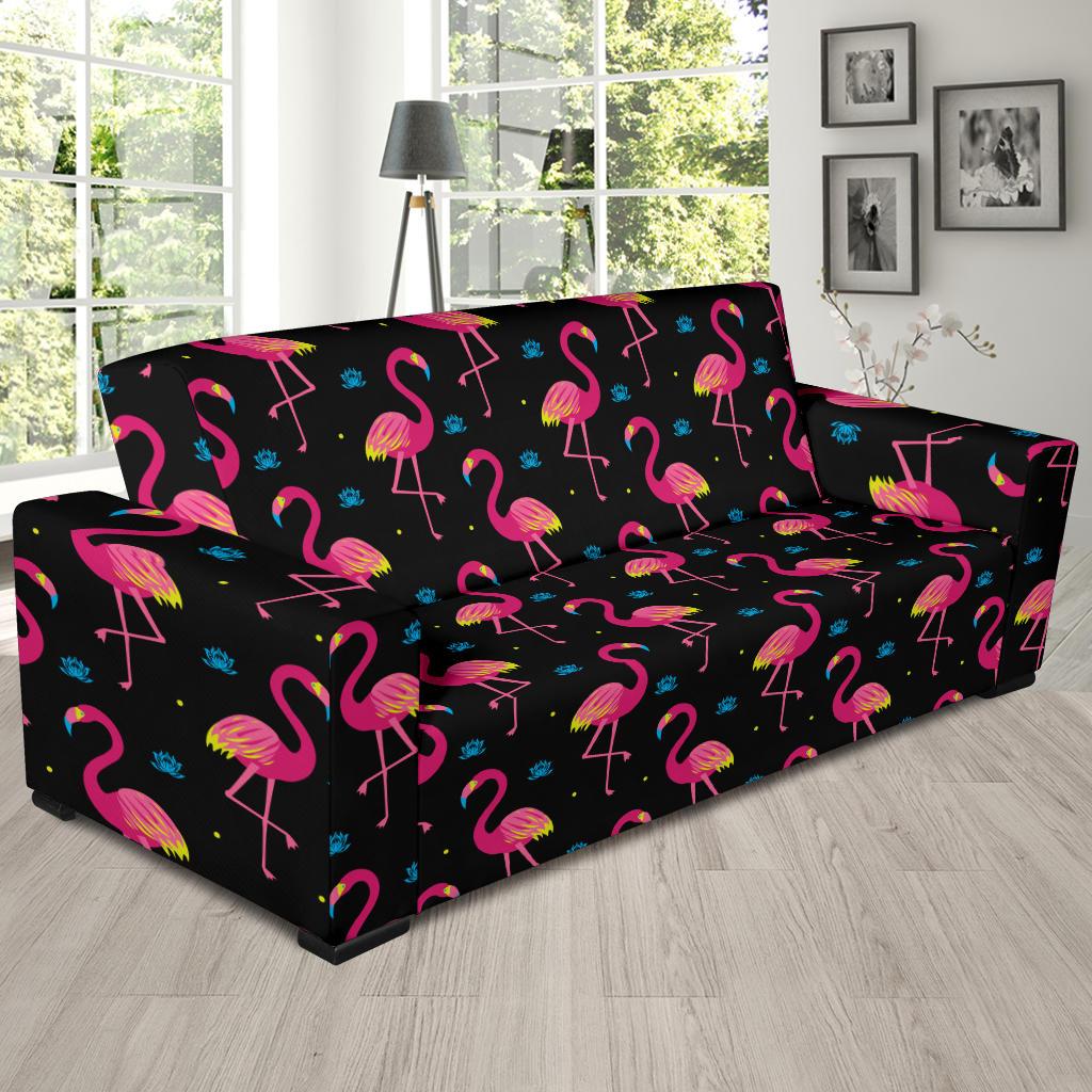 Flamingo Pink Neon Print Pattern Sofa Slipcover-JTAMIGO.COM