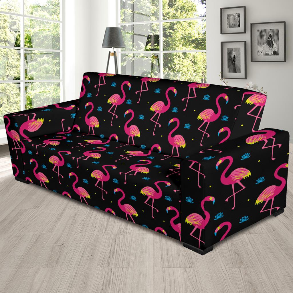 Flamingo Pink Neon Print Pattern Sofa Slipcover-JTAMIGO.COM