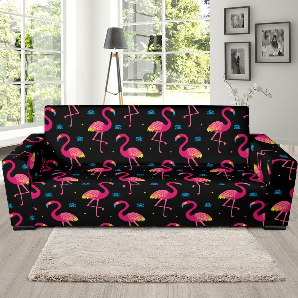 Flamingo Pink Neon Print Pattern Sofa Slipcover-JTAMIGO.COM