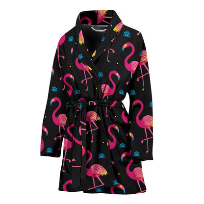 Flamingo Pink Neon Print Pattern Women Bath Robe-JTAMIGO.COM