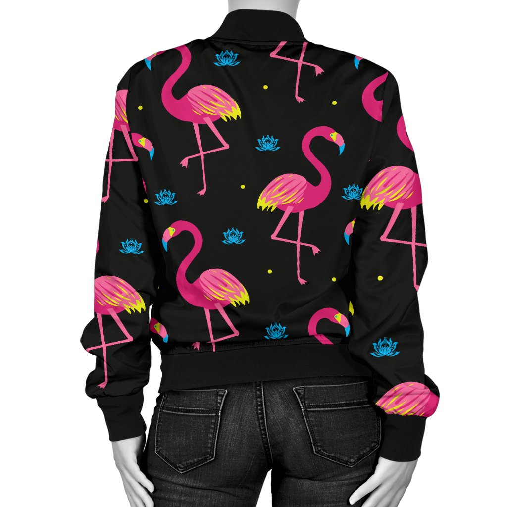 Flamingo Pink Neon Print Pattern Women Casual Bomber Jacket