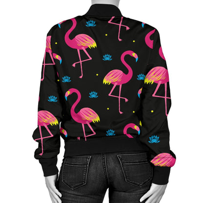 Flamingo Pink Neon Print Pattern Women Casual Bomber Jacket