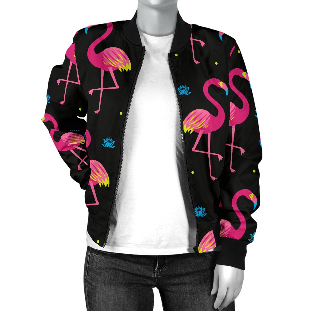 Flamingo Pink Neon Print Pattern Women Casual Bomber Jacket