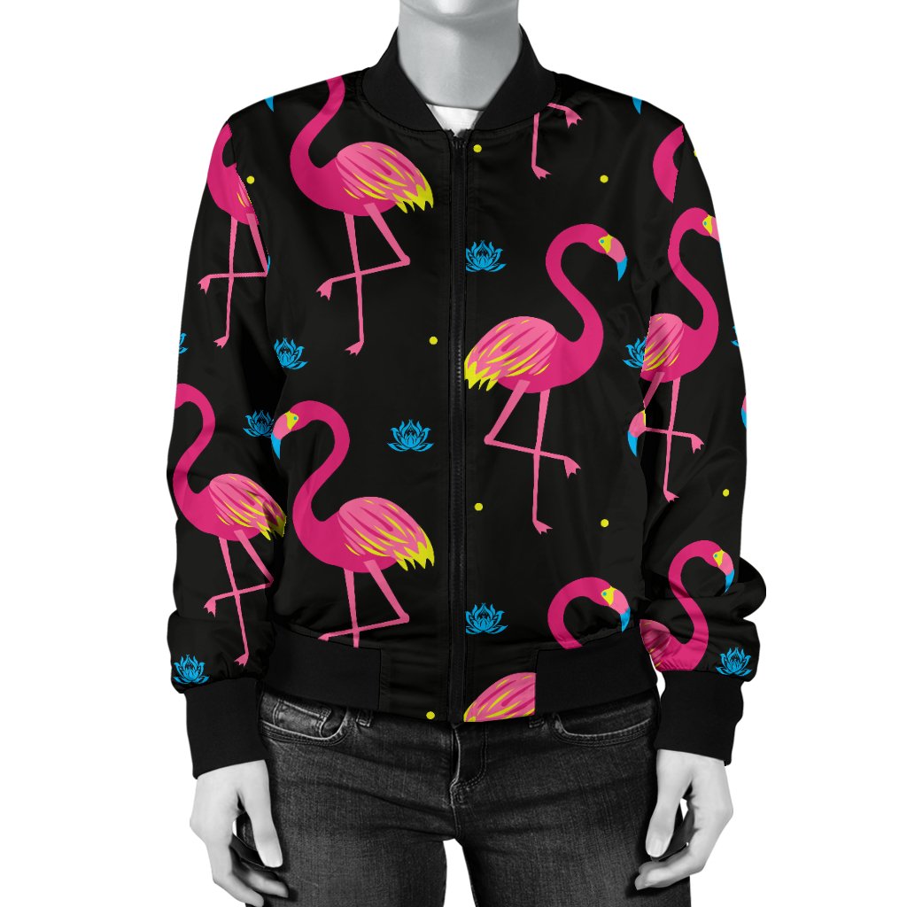 Flamingo Pink Neon Print Pattern Women Casual Bomber Jacket