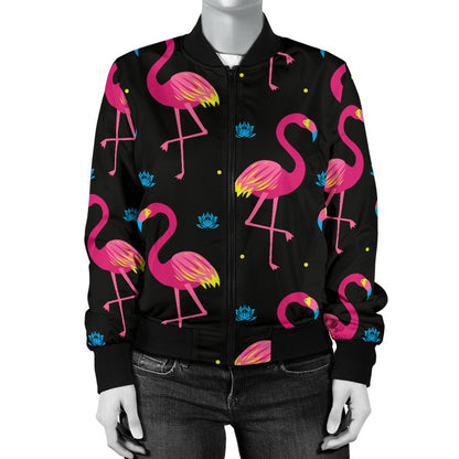 Flamingo Pink Neon Print Pattern Women Casual Bomber Jacket