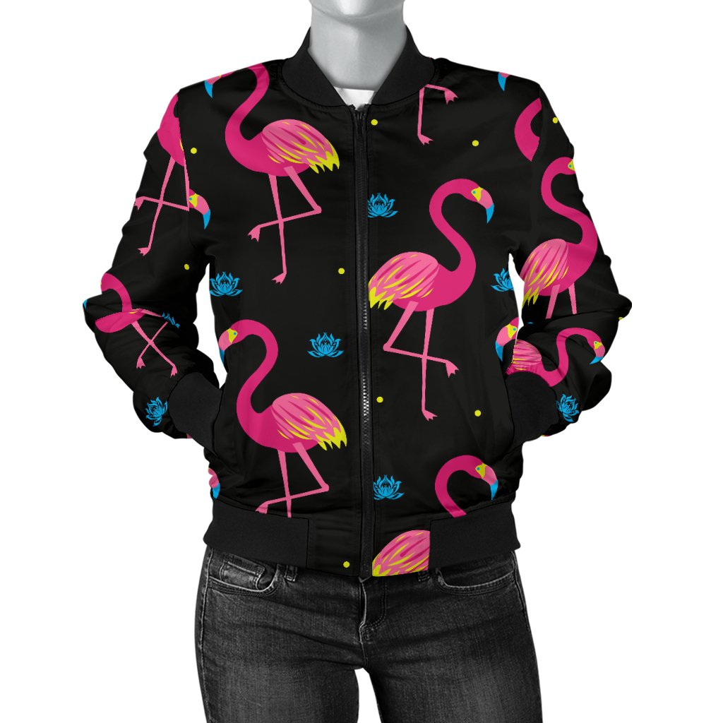 Flamingo Pink Neon Print Pattern Women Casual Bomber Jacket