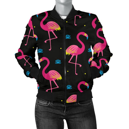 Flamingo Pink Neon Print Pattern Women Casual Bomber Jacket