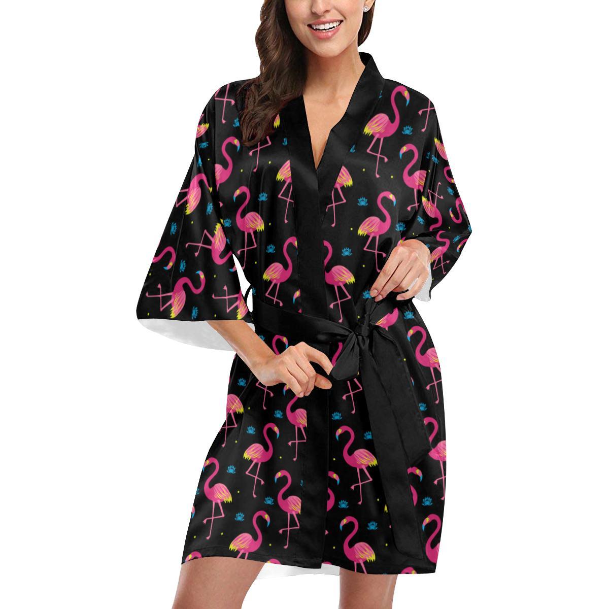 Flamingo Pink Neon Print Pattern Women Short Kimono Robe