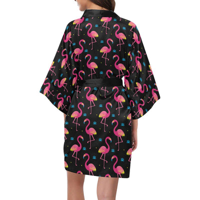 Flamingo Pink Neon Print Pattern Women Short Kimono Robe