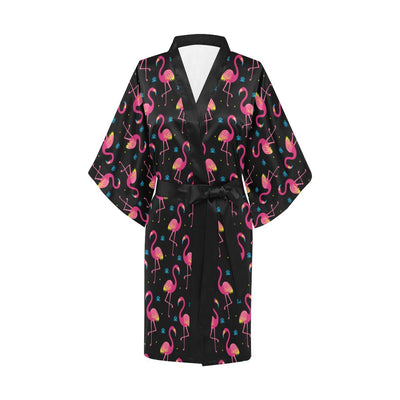 Flamingo Pink Neon Print Pattern Women Short Kimono Robe