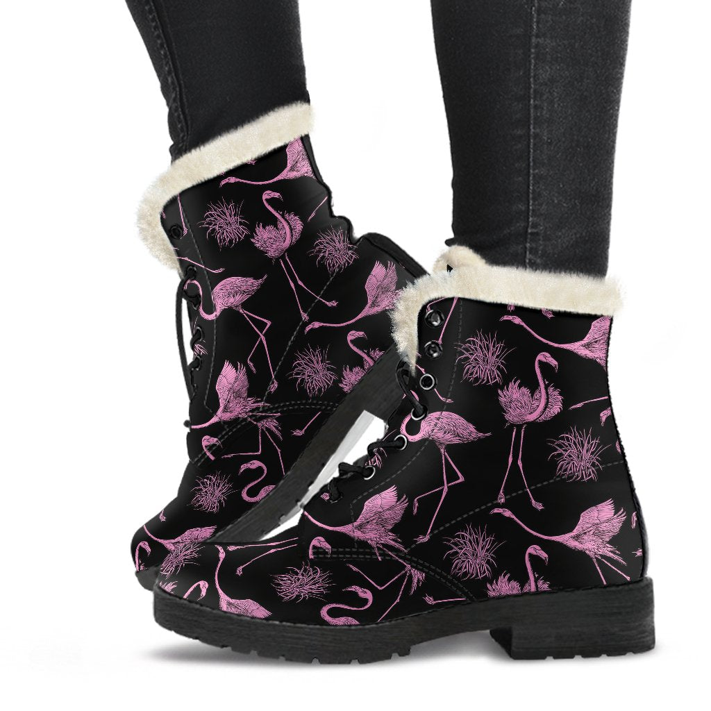 Flamingo Pink Print Pattern Faux Fur Leather Boots-JTAMIGO.COM