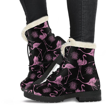 Flamingo Pink Print Pattern Faux Fur Leather Boots-JTAMIGO.COM