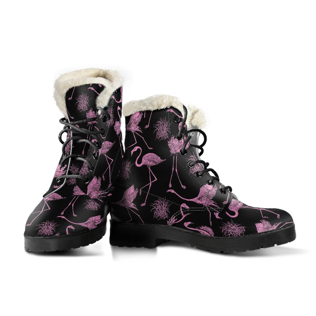Flamingo Pink Print Pattern Faux Fur Leather Boots-JTAMIGO.COM