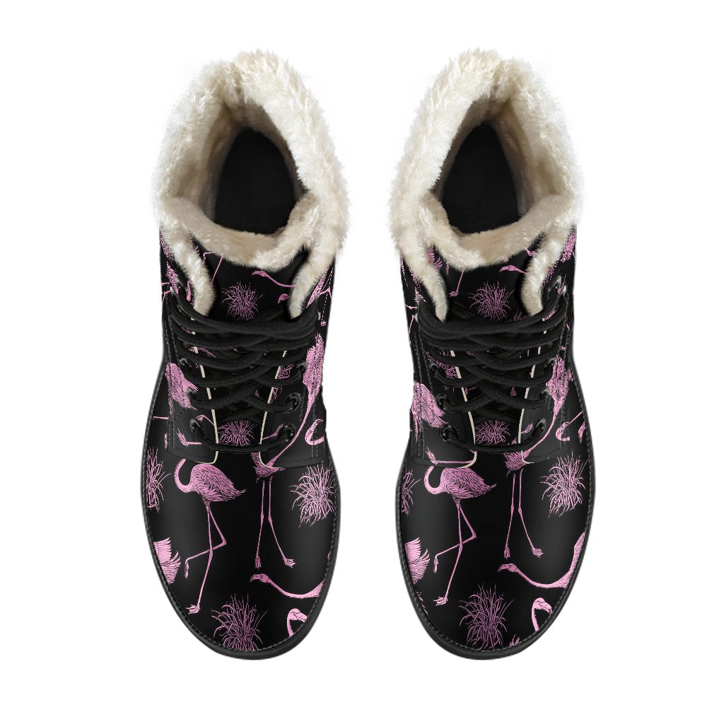 Flamingo Pink Print Pattern Faux Fur Leather Boots-JTAMIGO.COM