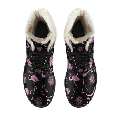 Flamingo Pink Print Pattern Faux Fur Leather Boots-JTAMIGO.COM