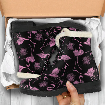 Flamingo Pink Print Pattern Faux Fur Leather Boots-JTAMIGO.COM