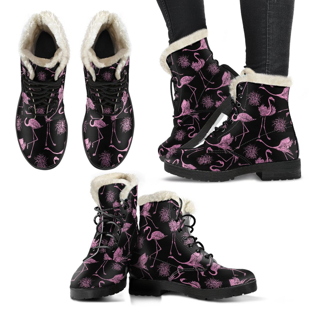 Flamingo Pink Print Pattern Faux Fur Leather Boots-JTAMIGO.COM