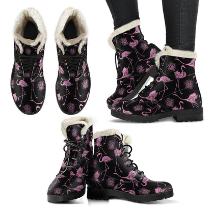 Flamingo Pink Print Pattern Faux Fur Leather Boots-JTAMIGO.COM