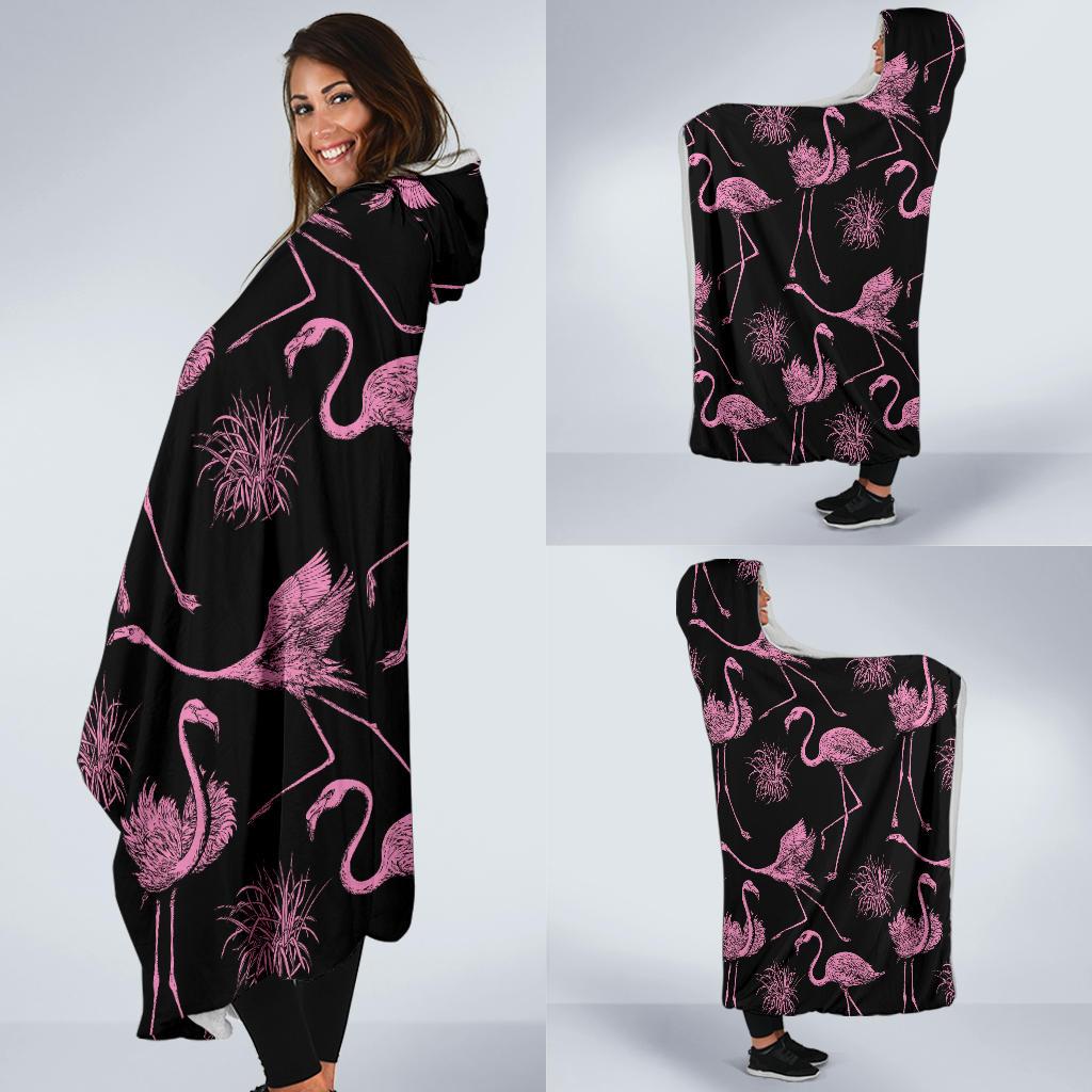 Flamingo Pink Print Pattern Hooded Blanket-JTAMIGO.COM