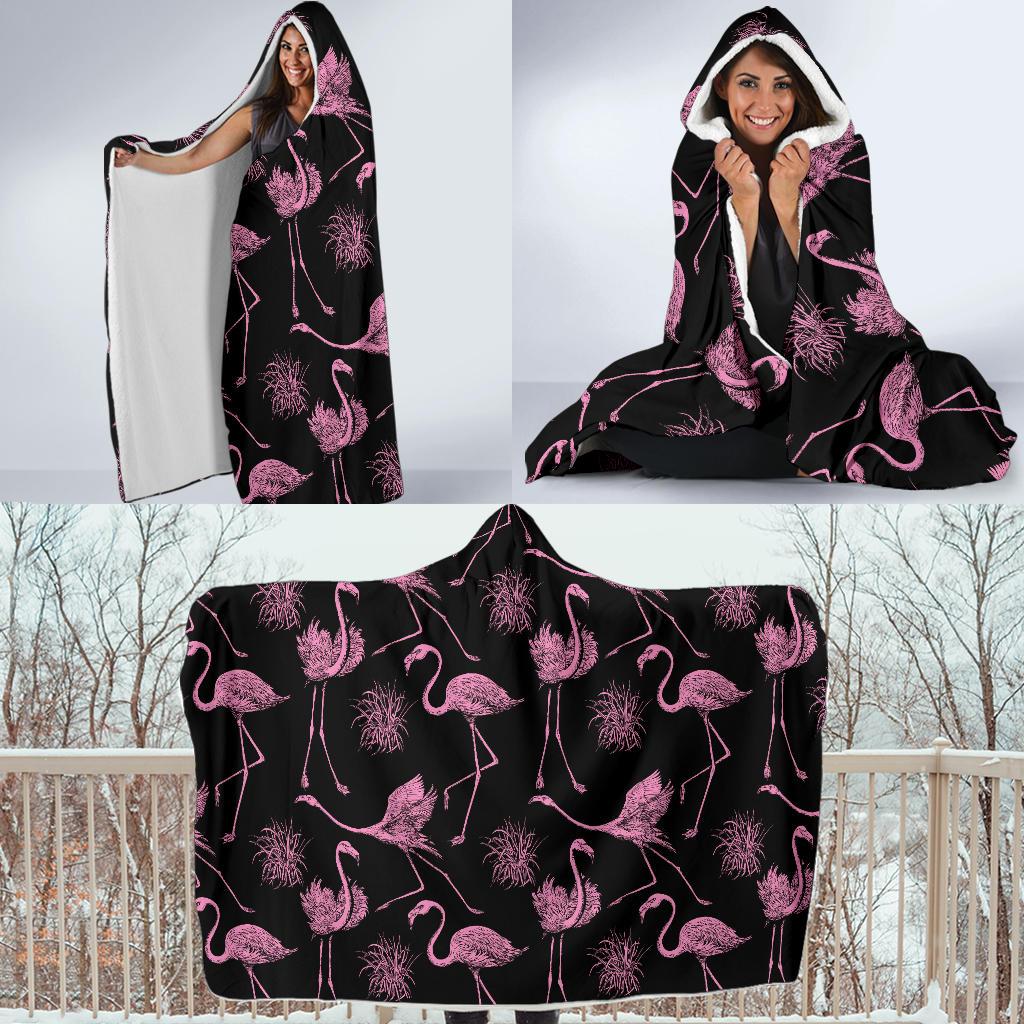 Flamingo Pink Print Pattern Hooded Blanket-JTAMIGO.COM